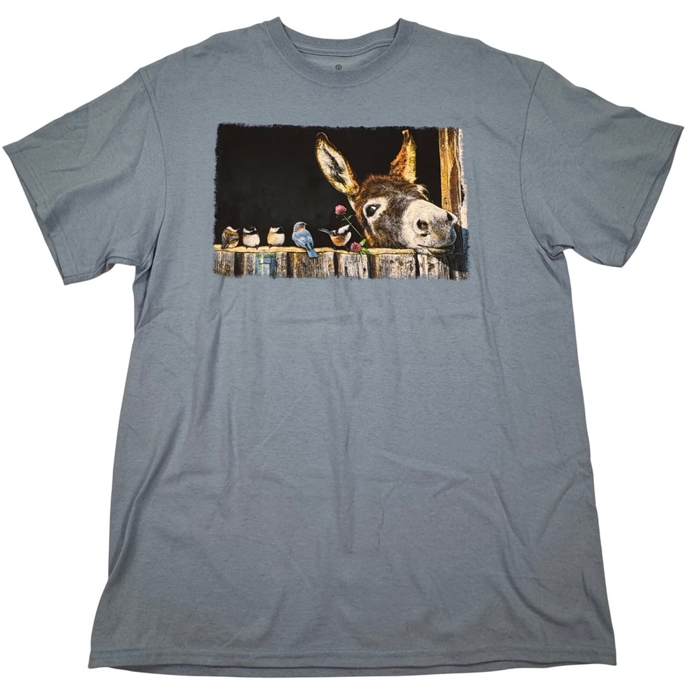 Artisans Mens Blue Donkey and Birds Graphic T-Shirt Large 100% Cotton